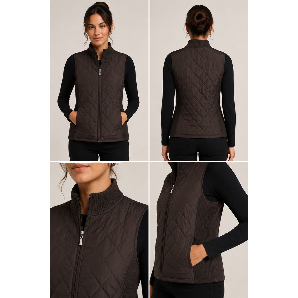 Carolyn Taylor Quilted Vest Women 1X Dark Brown Excellent Ribbed Side Panels Zip